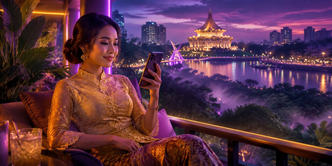 Pengguna kasino mudah alih di Kuching dengan pakaian kebaya dalam suasana Malaysia yang autentik